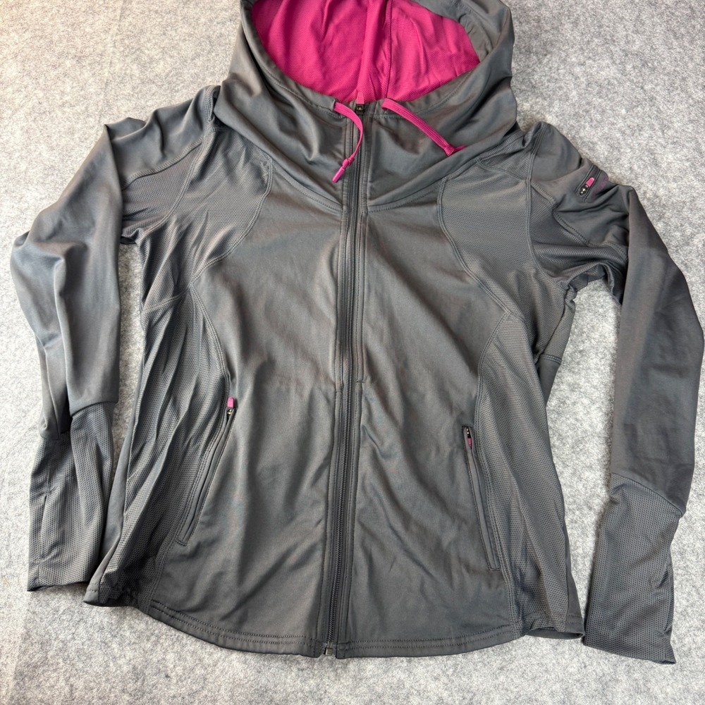 Hylete Womens Gray Magenta Full Zip Hooded Training Jacket Thumbholes Large